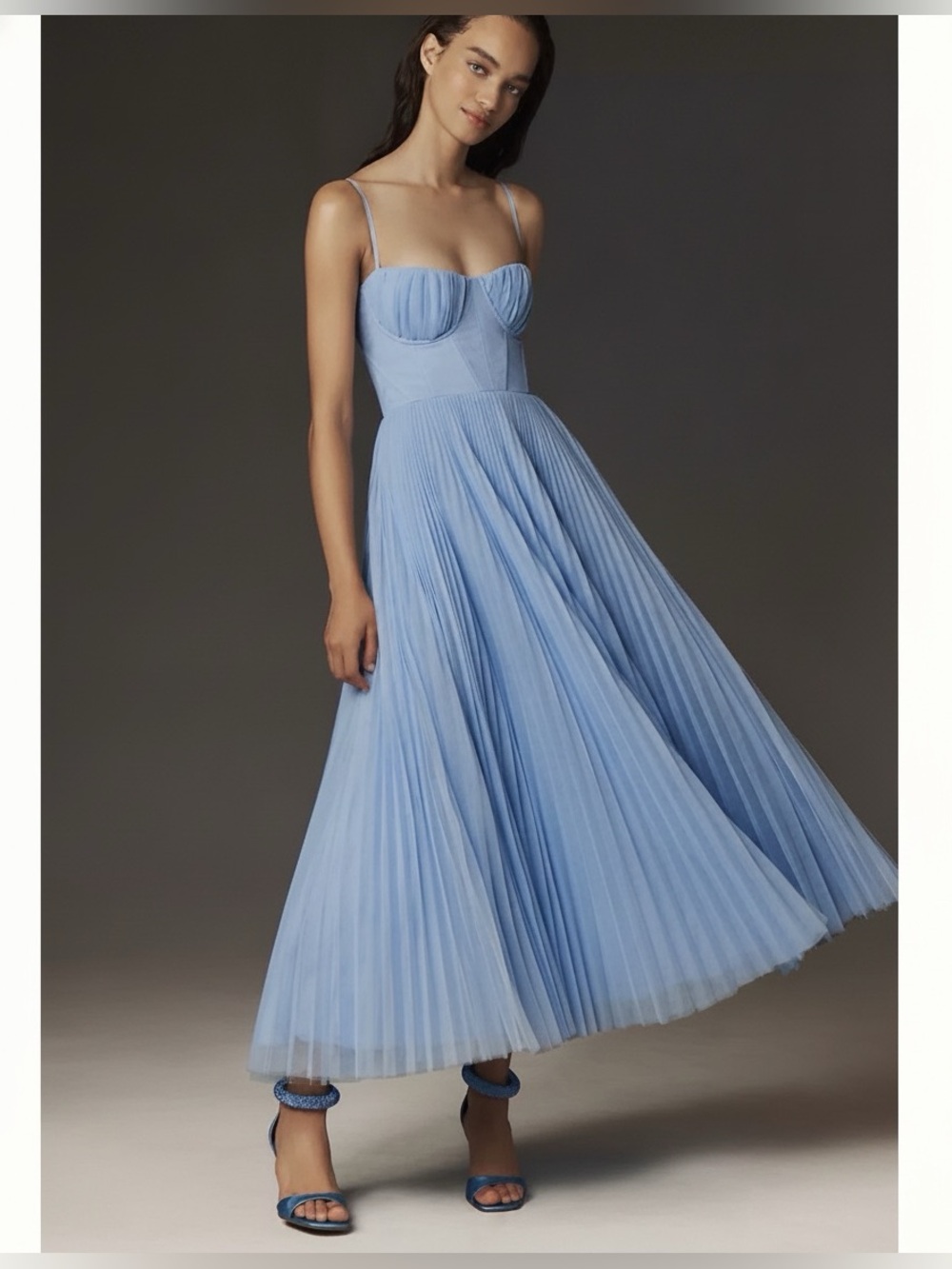 Hutch Amara Corset Pleated Tulle Fit & Flare Midi Dress Light Blue Fairy Sz 2